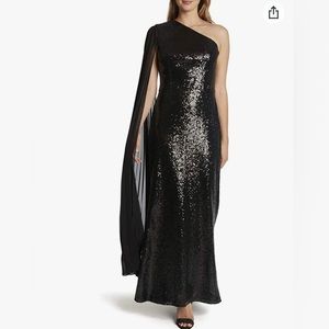NEW Tahari One Shoulder Pleated Sleeve Sequin Gown